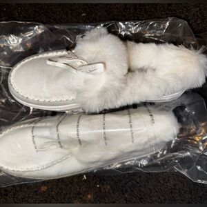 White Fur Lined Moccasin Slippers